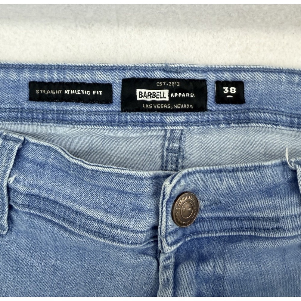 Barbell Apparel Jeans Mens 38 Blue Athletic Straight Fit Light Wash, FLAW - Picture 7 of 12